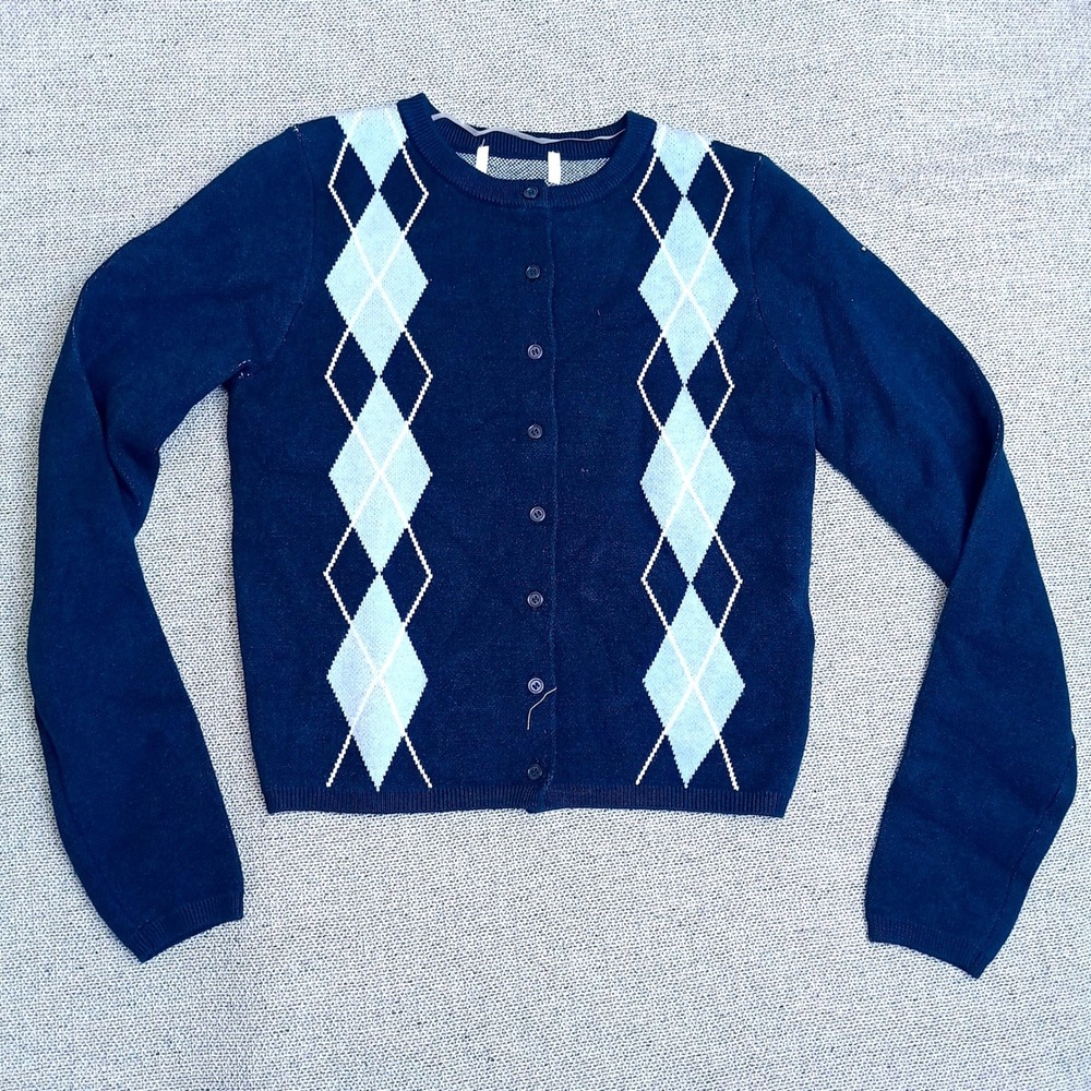 Argyle Cardigan Sweater Womens Small Navy Blue Preppy Long Sleeve Button Front